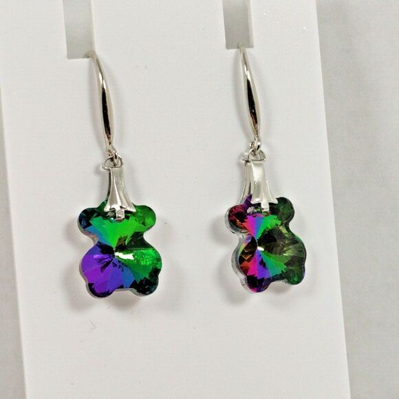 Silver Tone Metal Iridescent Glass Dangle Earrings Teddy Bear Clover Flower - Picture 1 of 11